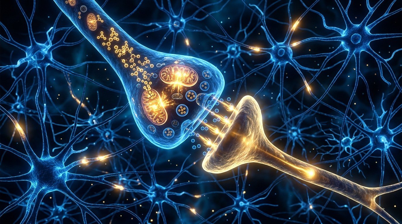 Neural Synaptic Network with Creatine Phosphate Energizing Neurons Blue Gold Bioluminescent